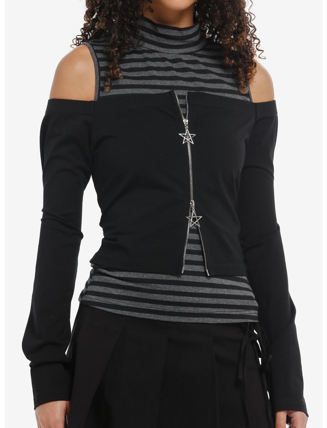 Black & Grey Stripe Girls Long-Sleeve Twofer Top