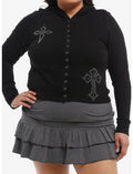 Rhinestone Crosses Hooded Girls Thermal Top Plus Size